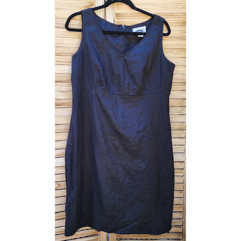 Old Navy Sz 12 Black 100% Linen Sleeveless V-Neck Sheath Dress Minimalist Career